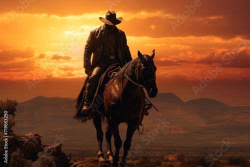 A lone cowboy rides across a vast desert landscape at sunset
