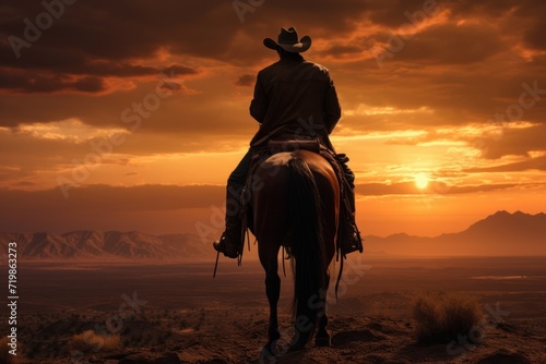 cowboy on horse with sunset landscape ,Equestrian sports, horses and transportation © CStock