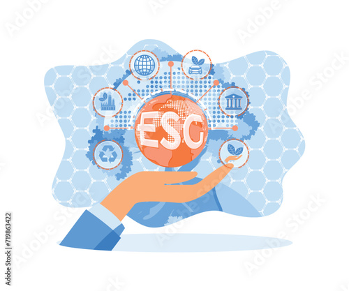 Hand holding ESG icon and globe. World sustainable environment concept. Sustainable economic growth with renewable energy and natural resources concept. Flat vector illustration.