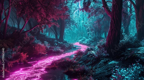 As you wander through the forest the neon path twists and turns leading you deeper into an enchanting world. #719863440