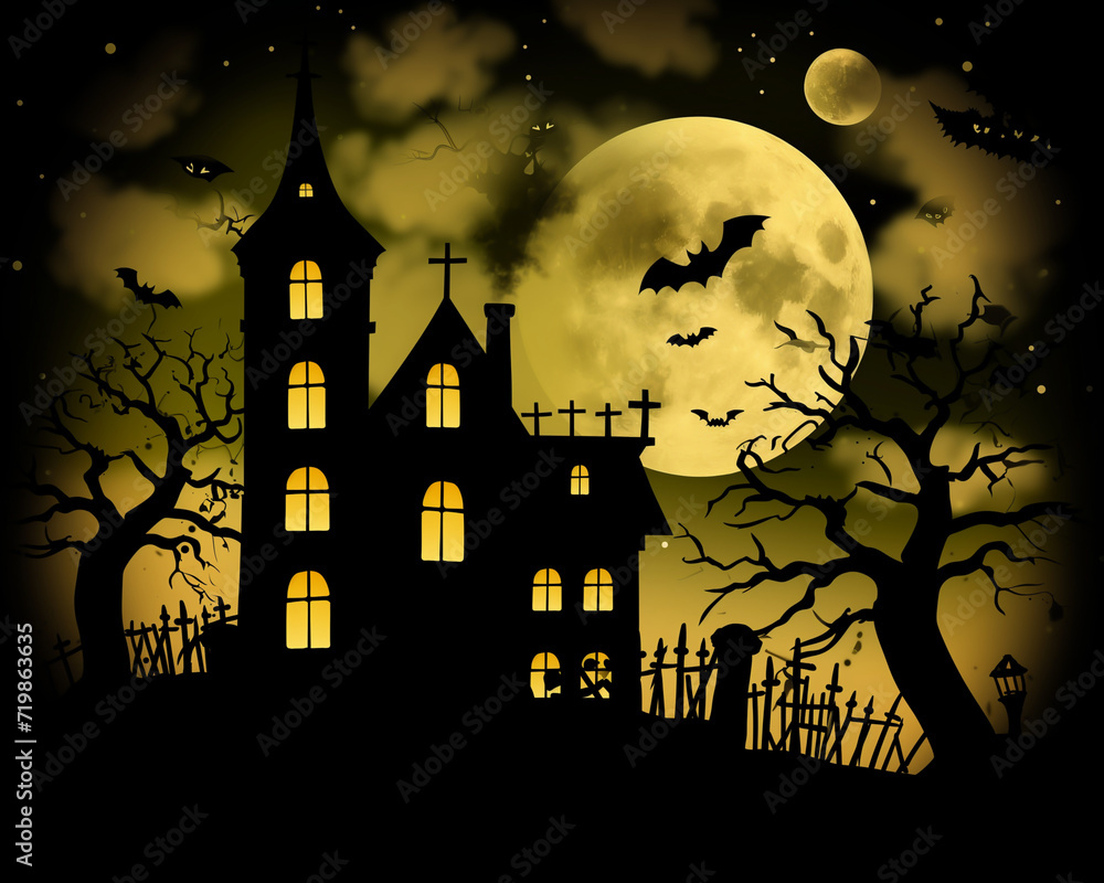 Halloween illustration featuring a haunted house silhouette