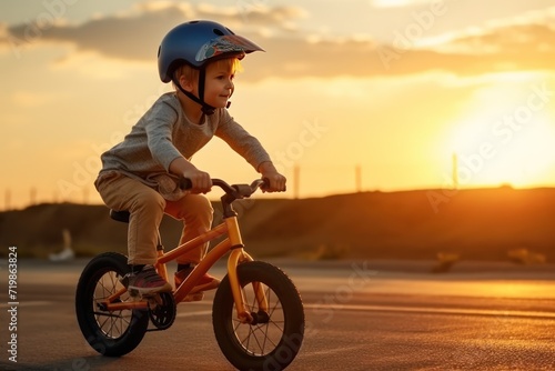 Cute child in helmet learns and rides a bike on a sunny day at sunset  © CStock