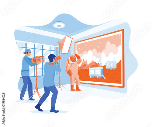 The film crew filmed an astronaut film on a large LED screen. The cinematographer shot the march scene. Film Production Concept. Flat vector illustration.