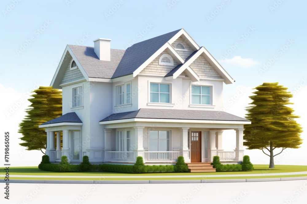 Suburban Family Home, Emphasized on an Isolated White Background for a Classic Look, Generative AI