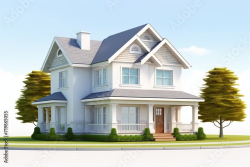 Suburban Family Home, Emphasized on an Isolated White Background for a Classic Look, Generative AI