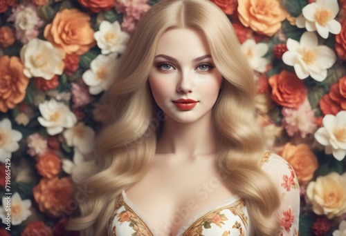Portrait of beautiful blonde woman with long curly hair over floral background
