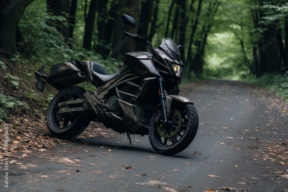 Black motorcycle on the road in the forest,  Adventure and travel concept
