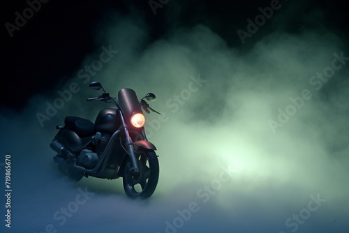 Motorcycle in the fog on a dark background