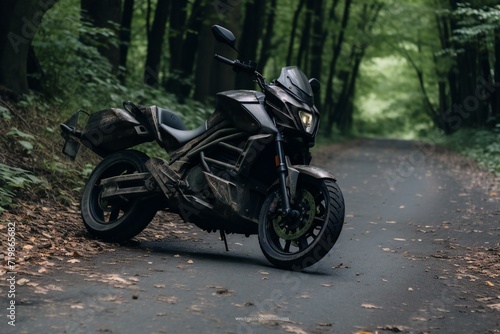Black motorcycle on the road in the forest, Adventure and travel concept