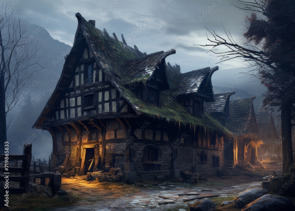 medieval old houses, in the style of dark fantasy, wood, medieval halloween