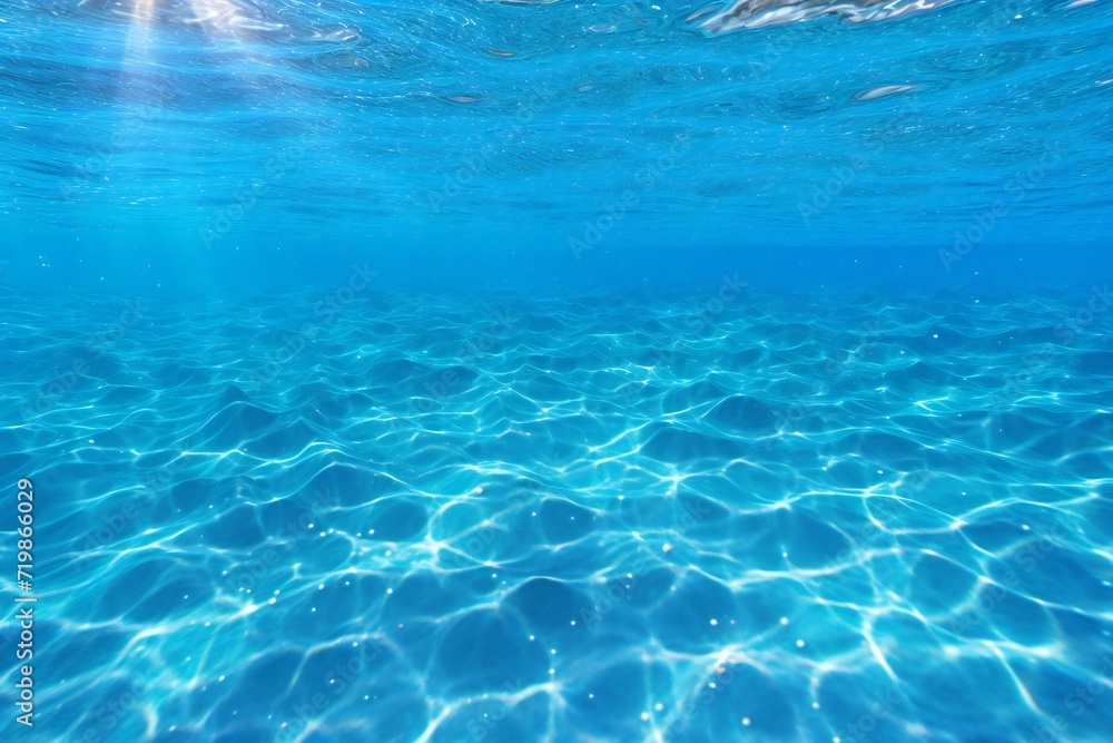 Underwater view of blue water surface with sunbeams and rays