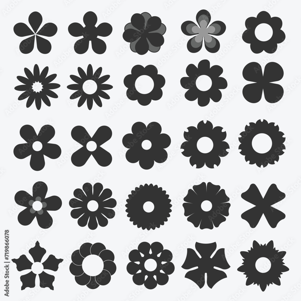 Fototapeta premium Flower icons. Flower silhouettes. Symbol of floral design. Pattern of daisy, rose and chamomile. Set of cartoon simple graphic shape isolated on white background. Vector.