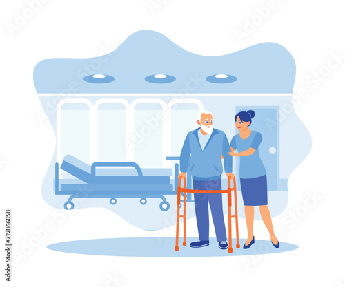 The nurse helps an elderly patient practice walking using a 4 Leg Walking Stick. Elderly Patient concept. Flat vector illustration.