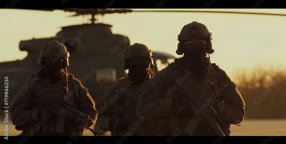 Silhouetted against the sunset, a trio of soldiers in tactical gear ...