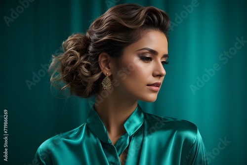 Elegant Woman in Green Silk Dress with Gold Earrings, Hairstyle