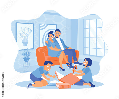 Siblings study together on the living room floor. Meanwhile, father and mother sat relaxed on the sofa. A couple of happy, funny parent concepts. Flat vector illustration.