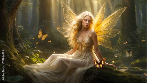 Fairy Gold Girl Woman Butterflies Magic Forest Enchanted