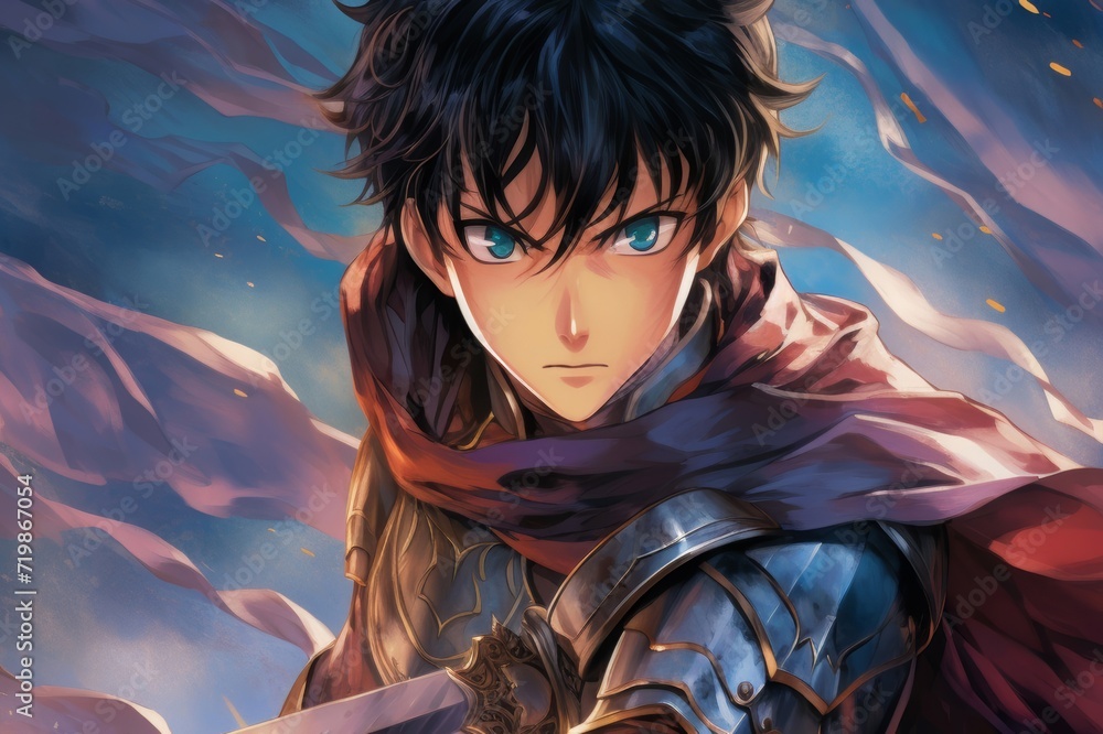 teenage hero with slightly unruly black hair and blue eyes wearing copper-colored medieval armor and tattered blue cloak