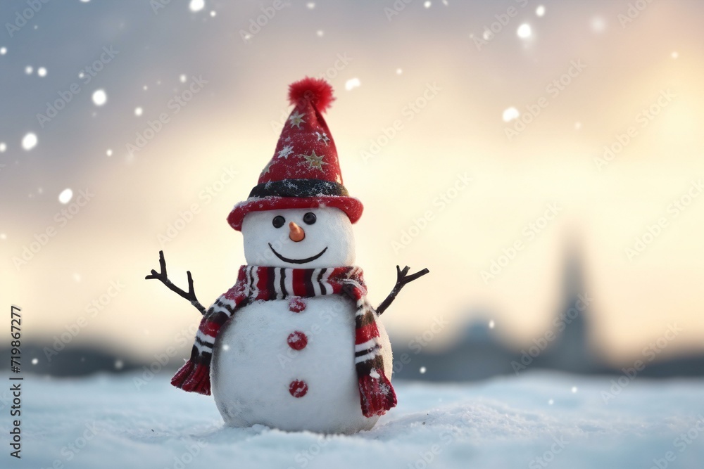Snowman in red hat and scarf on the background of the city