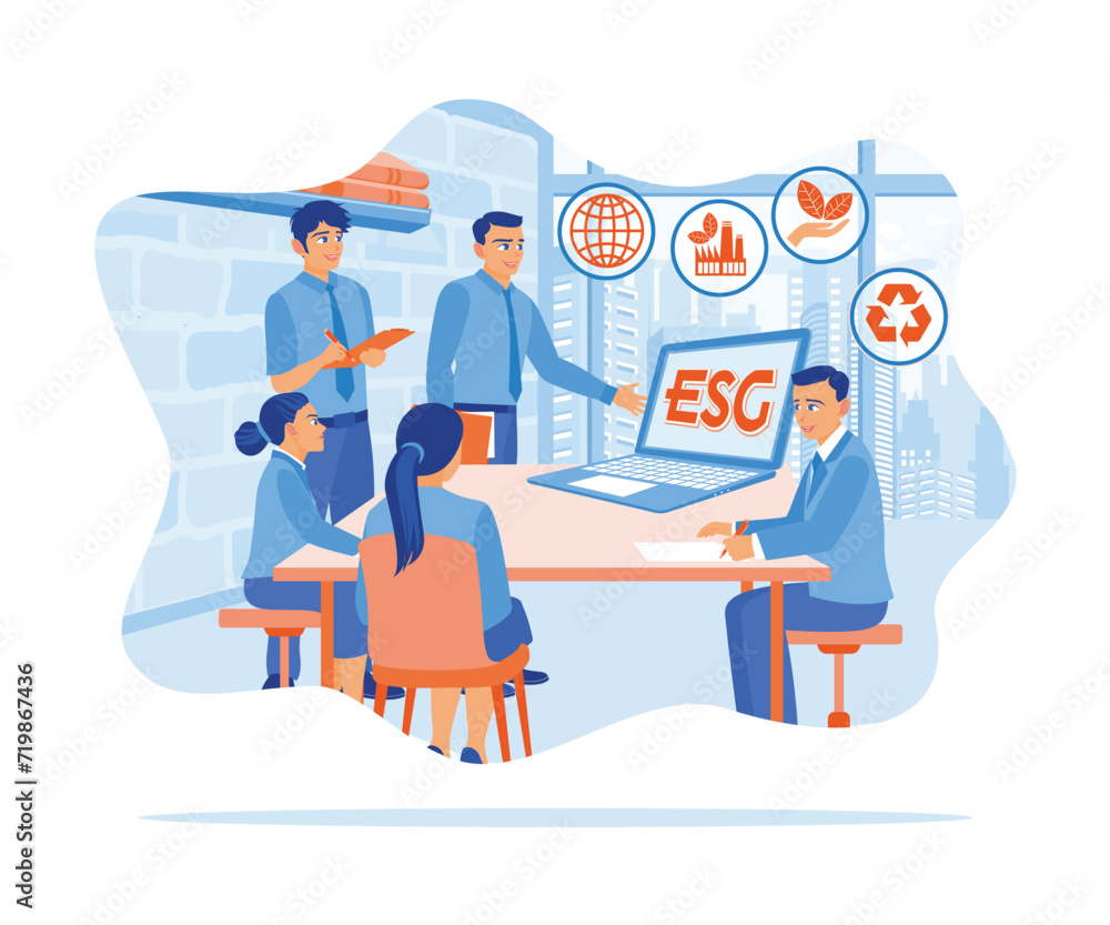 A group of entrepreneurs discuss ESG environmental social governance policies for modern business. The ESG icon appears on the laptop screen. The concept of ESG icon. flat vector modern illustration A group of entrepreneurs discuss ESG environmental social governance policies for modern business. The ESG icon appears on the laptop screen. The concept of ESG icon. flat vector modern illustration