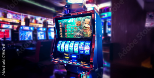 casino machine, slot machine in the casino, slot machines at night in casino, people walking in the city at night, Kiosk arcade slot machine
