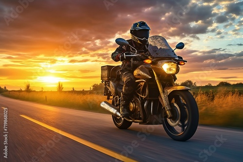 Motorcycle riding on the road at sunset, Biker on the road © Cuong