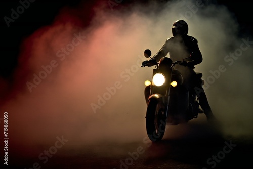 Silhouette of a man riding a motorcycle on a dark toned foggy background