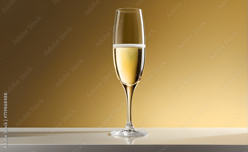 A champagne glass on a simple gold background, Valentine's Day, Christmas. Generative AI