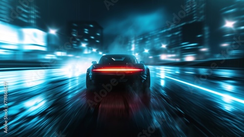 The distinctive roar of a drag racing car fills the air as it speeds down a deserted stretch of city highway headlights illuminating the pavement ahead.