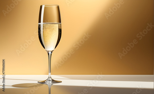 A champagne glass on a simple gold background, Valentine's Day, Christmas. Generative AI