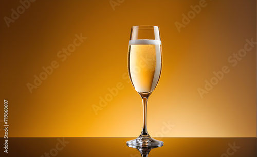 A champagne glass on a simple gold background, Valentine's Day, Christmas. Generative AI