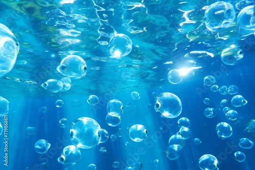 Underwater view of bubbles in blue water, Underwater background
