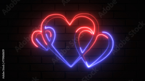 Glowing neon three heart shape suit icon. Red and blue color neon three heart shape with text Valentine's Day love sign card. outline card suit symbol and silhouette