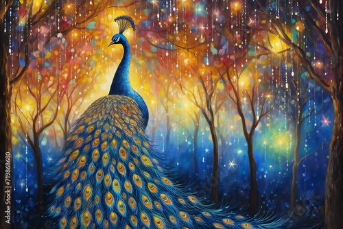Peacock in the forest,  Illustration of a peacock photo