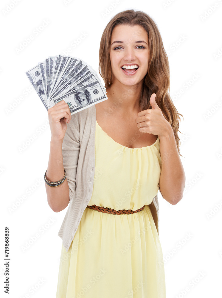 Portrait, studio and happy woman with thumbs up for money, financial prize or approve of lotto competition reward. Dollars, cash and winner with emoji like sign for loan success on white background Portrait, studio and happy woman with thumbs up for money, financial prize or approve of lotto competition reward. Dollars, cash and winner with emoji like sign for loan success on white background