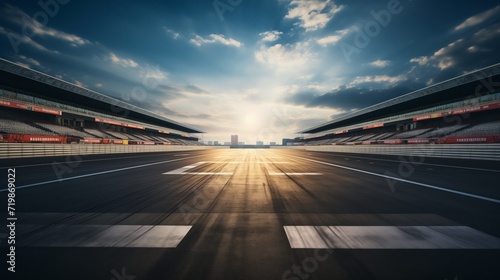 Sunset circuit motion blur road.Evening scene asphalt international race track with starting or end line.
