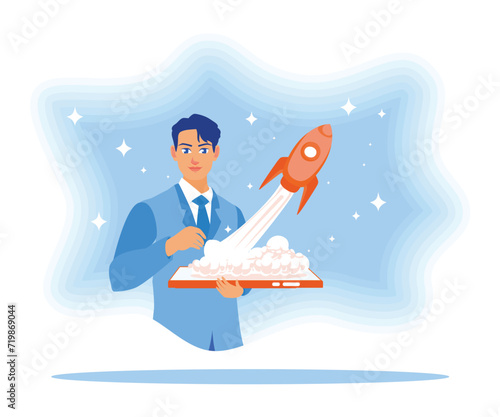 Young entrepreneur improves ranking in search engines. Rocket icon launching from tablet. Rocket is launching the boost concept. flat vector modern illustration 