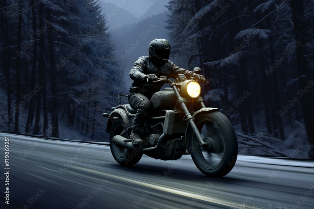 Motorcyclist riding on the road in the winter forest