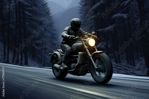 Motorcyclist riding on the road in the winter forest © Cuong