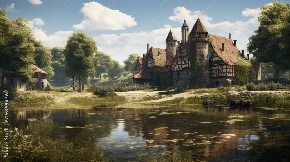 the medieval noble manor over by a pond