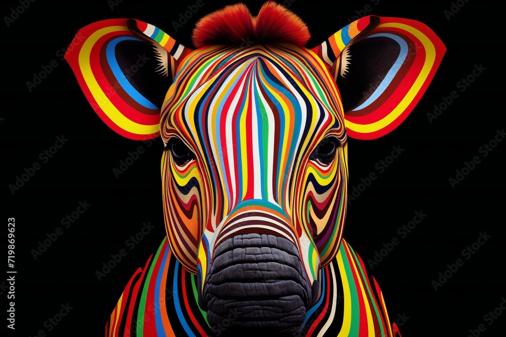 Zebra head with colorful pattern on black background