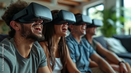 Portrait of a group of friends watching VR box together laughing and having fun with a big copy space, Generative AI. © Our Scrapbook