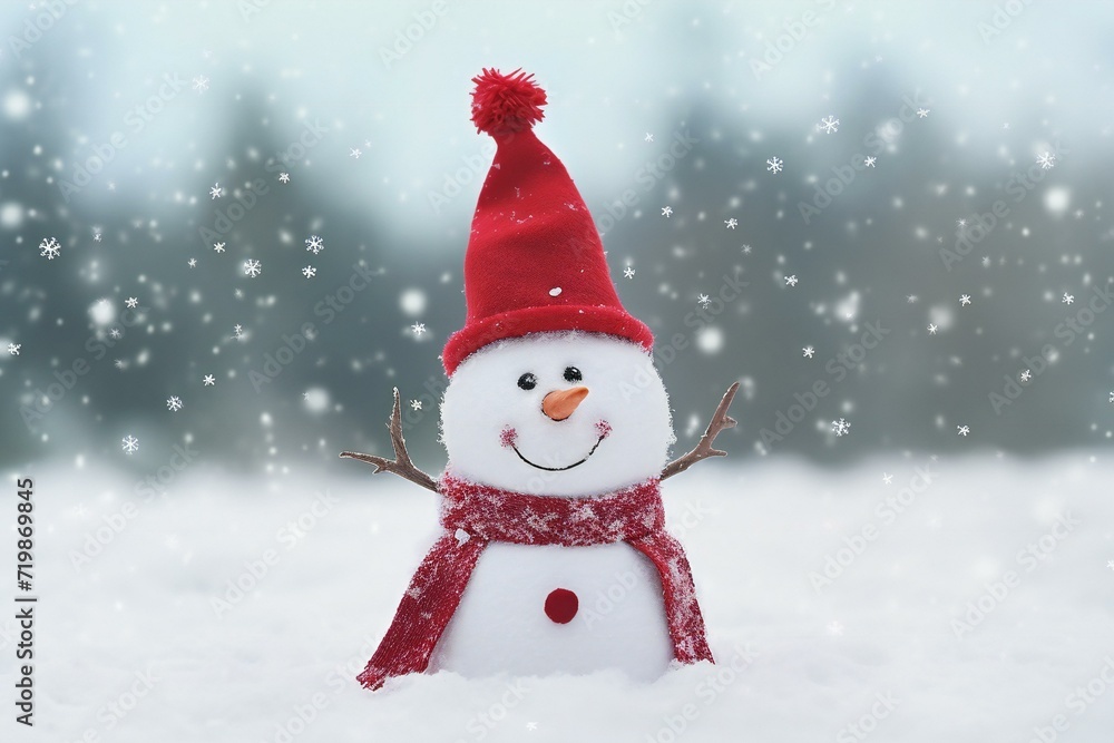 Snowman with red hat and scarf in the snow,  Christmas background