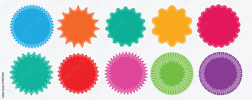 Set of vector starburst, sunburst badges. Different color. Simple flat style Vintage labels. Colored stickers. starburst, quality mark, retro stars, sale or discount sticker, sunburst badges Esp. 10 - obrazy, fototapety, plakaty 