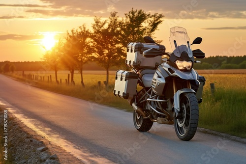 Motorcycle on the road in the countryside at sunset or sunrise
