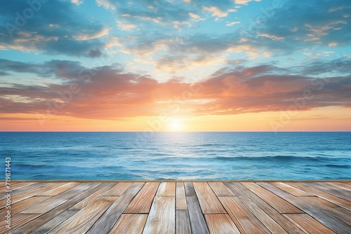 Wooden floor with sea and sky background at sunset or sunrise