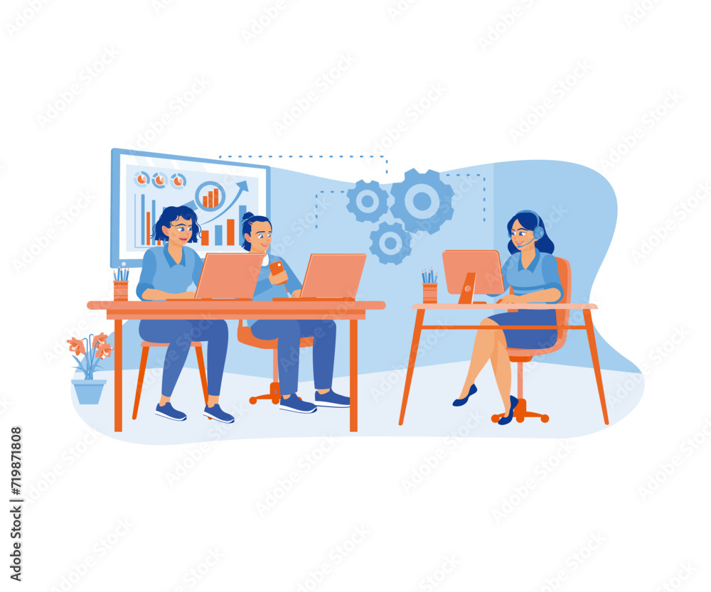 Friendly young employees working in call center office using laptops, computers, and mobile phones. Woman with phone calling to customer support service concept. flat vector modern illustration