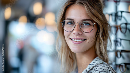 Young Woman with freckles wearing pair of glasses in optical store