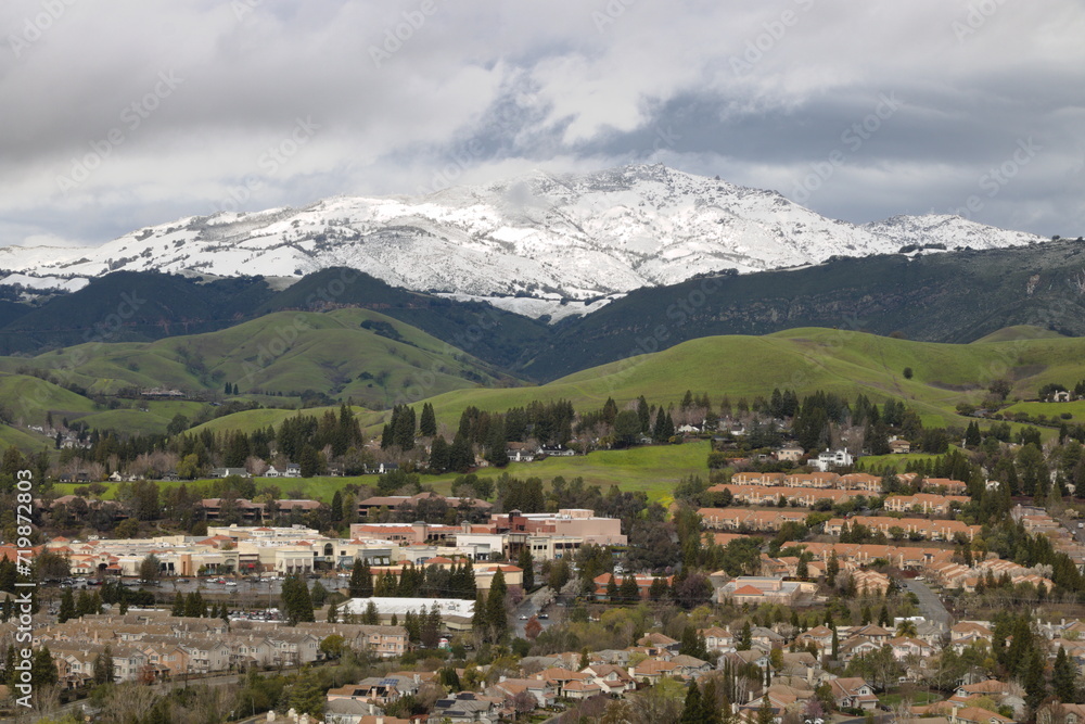 Mt Diablo fully covered in snow as seen from San Ramon, California