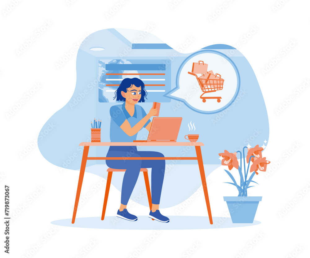 Businesswomen shopping online via mobile phone and laptop. Use a credit card for payment. Woman with phone calling to customer support service concept. Flat vector illustration.